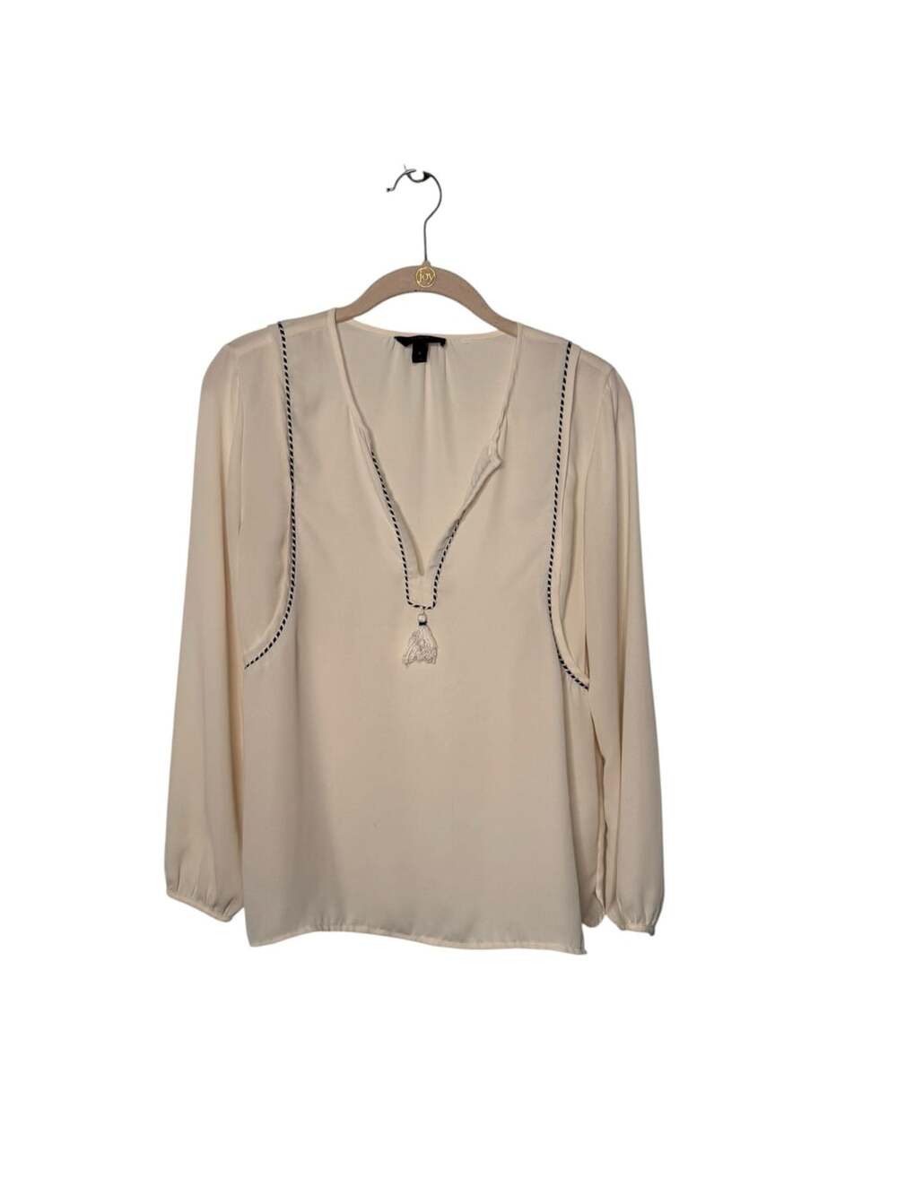 J. Crew Cream V-Neck Long Sleeve Peasant Top Blouse Tassel Trim Size 0
